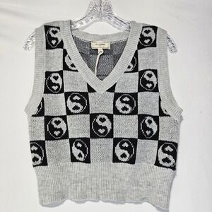 No Comment Women Cropped Sweater Vest XL Gray Yin Yang Heart Checkerboard Grunge